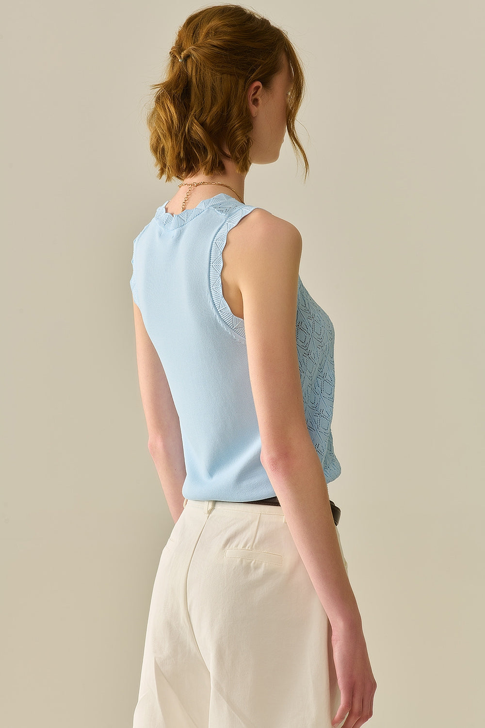 Pointelle Knitted Vest With Scalloped Edges in Baby Blue - Jumpers