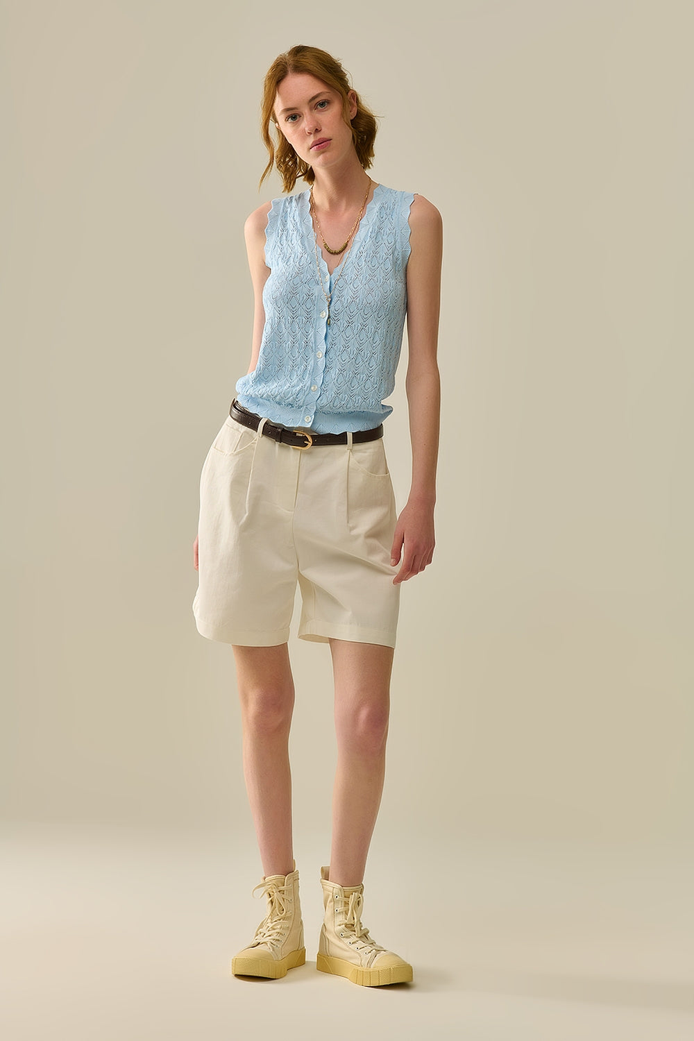 Pointelle Knitted Vest With Scalloped Edges in Baby Blue - Jumpers