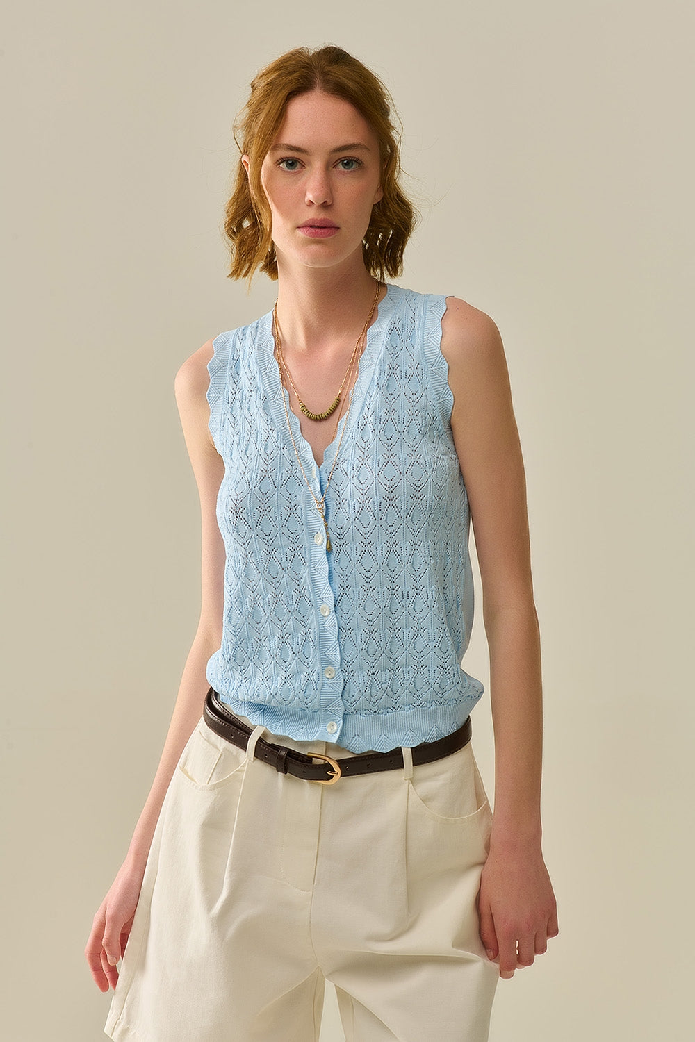 Pointelle Knitted Vest With Scalloped Edges in Baby Blue - Jumpers