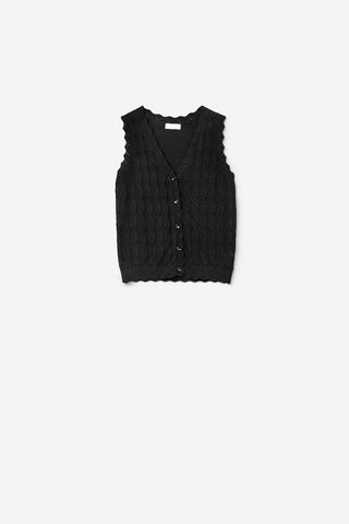 Pointelle Knitted Vest With Scalloped Edges in Black