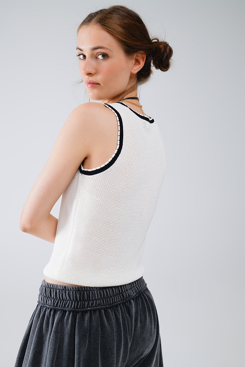 Pointelle White Sleeveless Top With Black and White Trim Detail - Tops