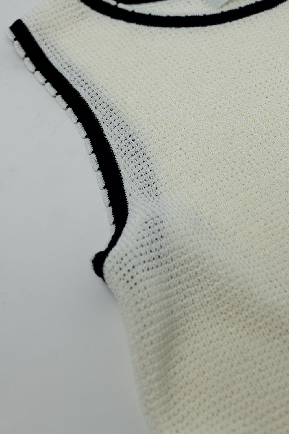 Pointelle White Sleeveless Top With Black and White Trim Detail - Tops