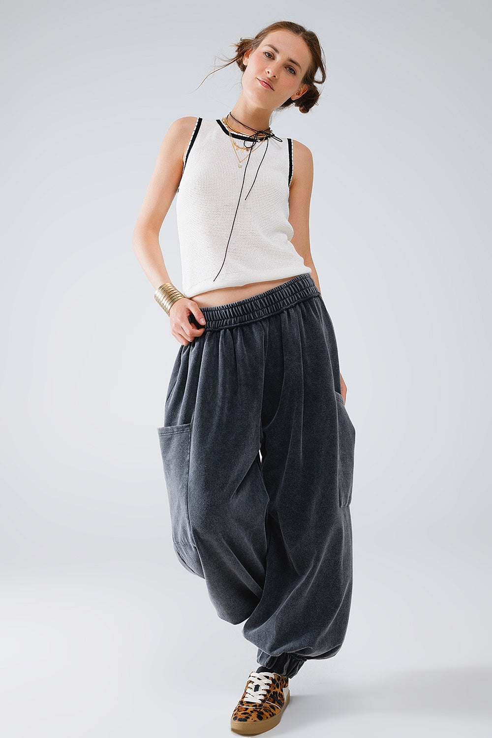 Pointelle White Sleeveless Top With Black and White Trim Detail - Tops