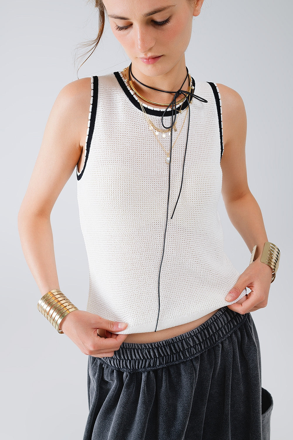 Pointelle White Sleeveless Top With Black and White Trim Detail - Tops
