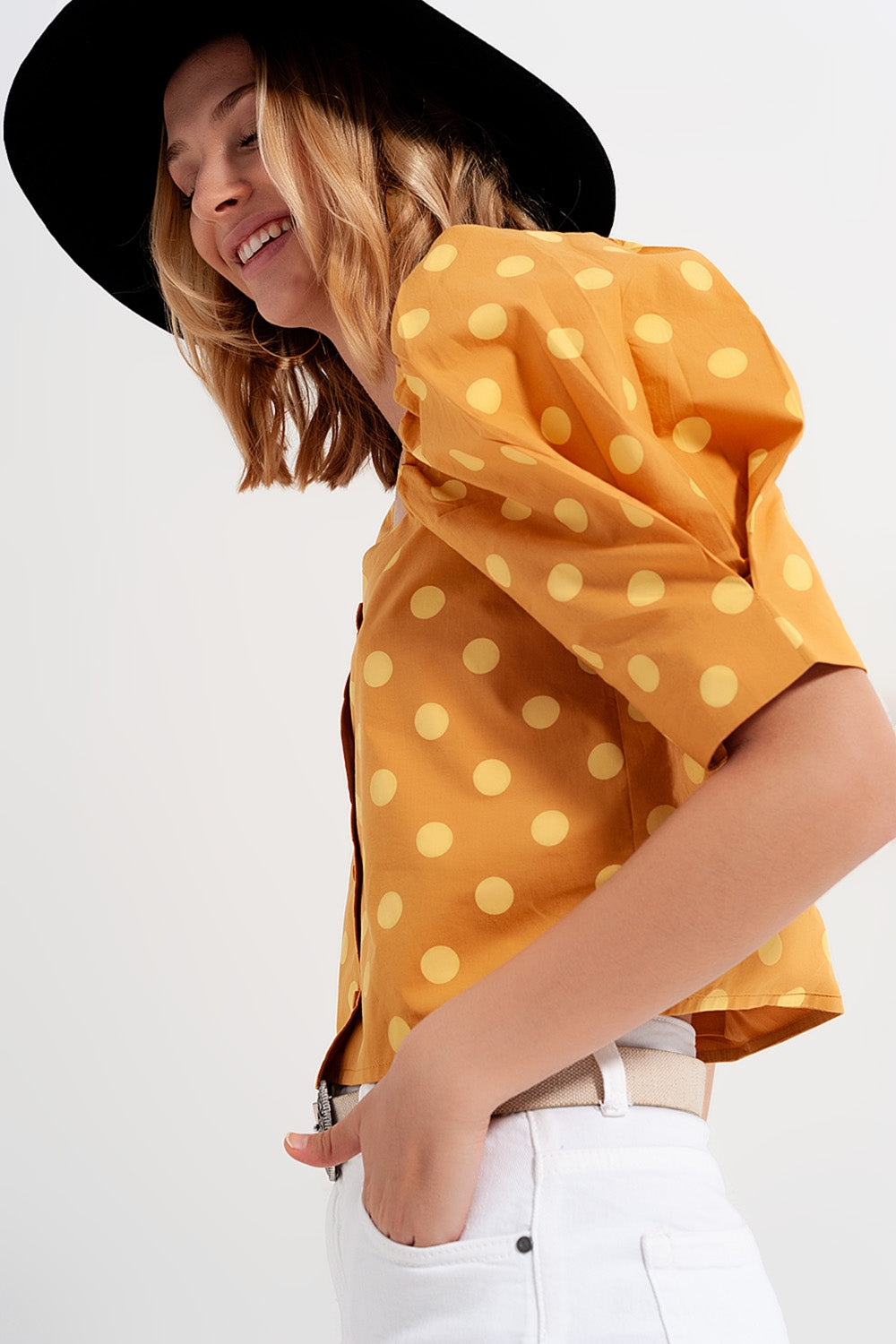 Polka dot top with puffed sleeves and square neckline in yellow Q2 Tops BoutiqueLua