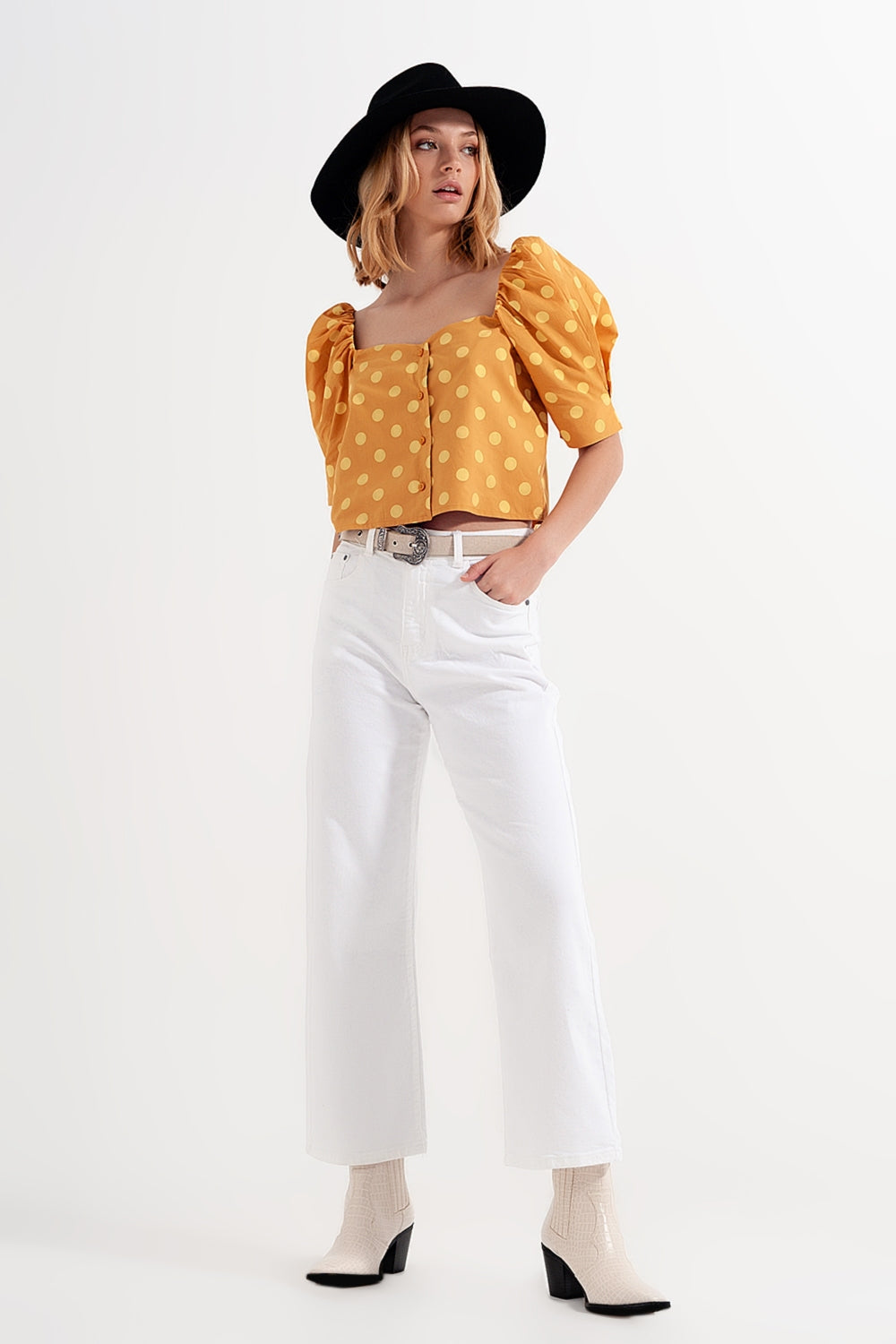 Polka dot top with puffed sleeves and square neckline in yellow Q2 Tops BoutiqueLua