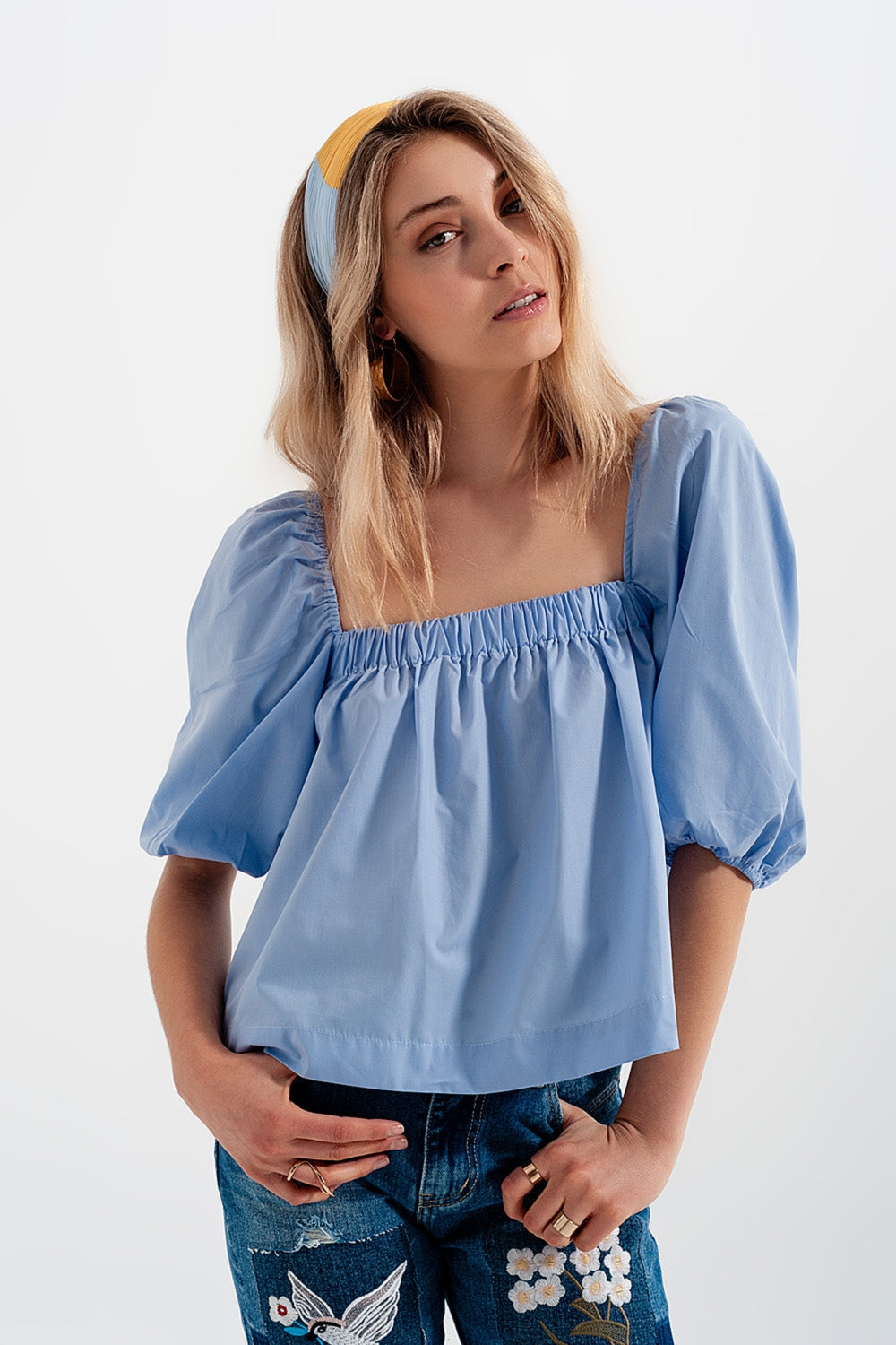 Poplin balloon sleeve top in blue - Tops