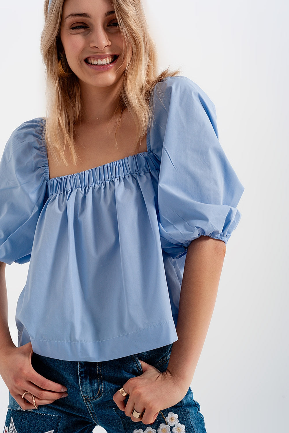 Poplin balloon sleeve top in blue - Tops