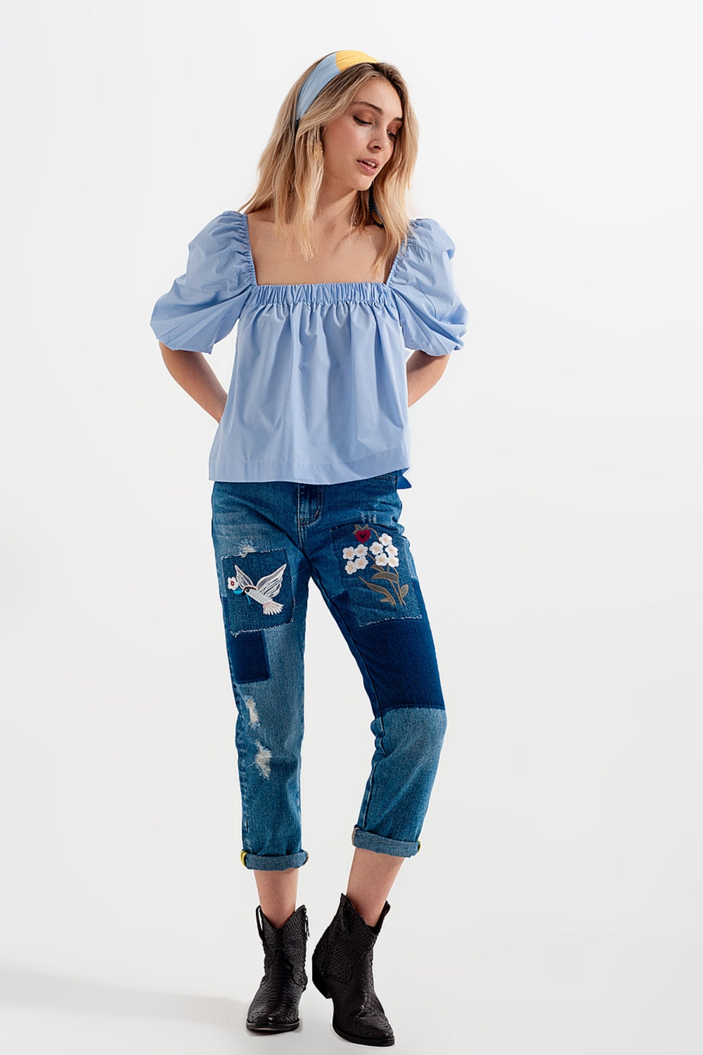 Poplin balloon sleeve top in blue - Tops