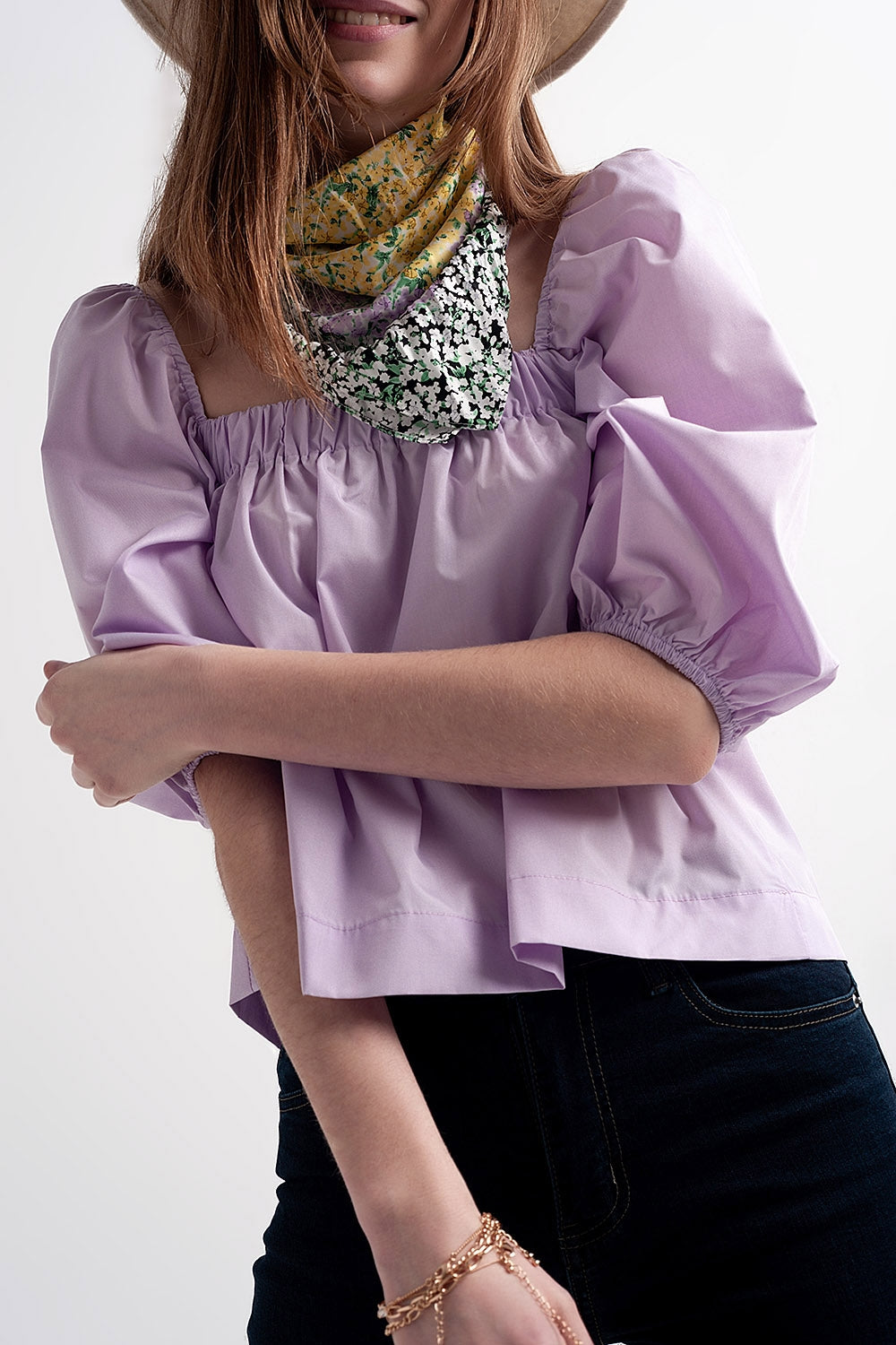 Poplin balloon sleeve top in purple - Tops