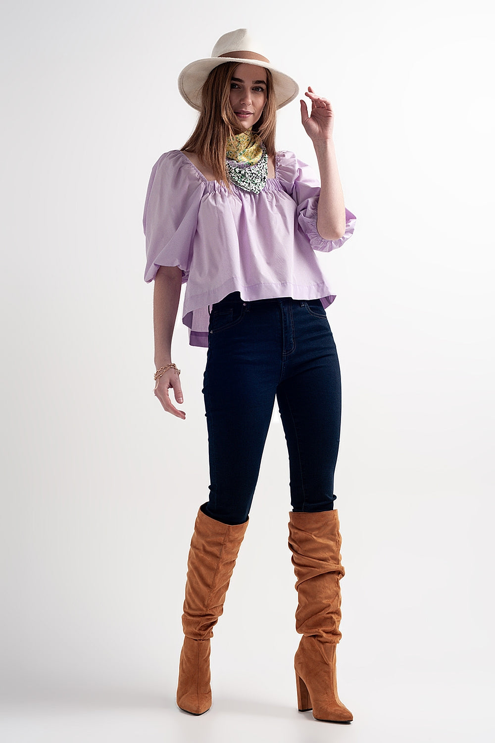 Poplin balloon sleeve top in purple - Tops
