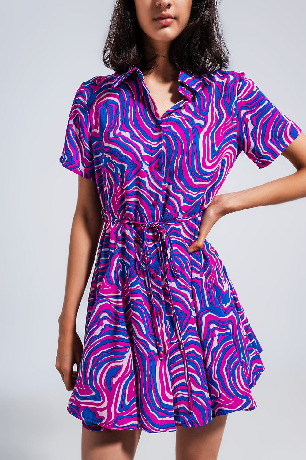 Printed mini dress with tie waist in purple - Dresses