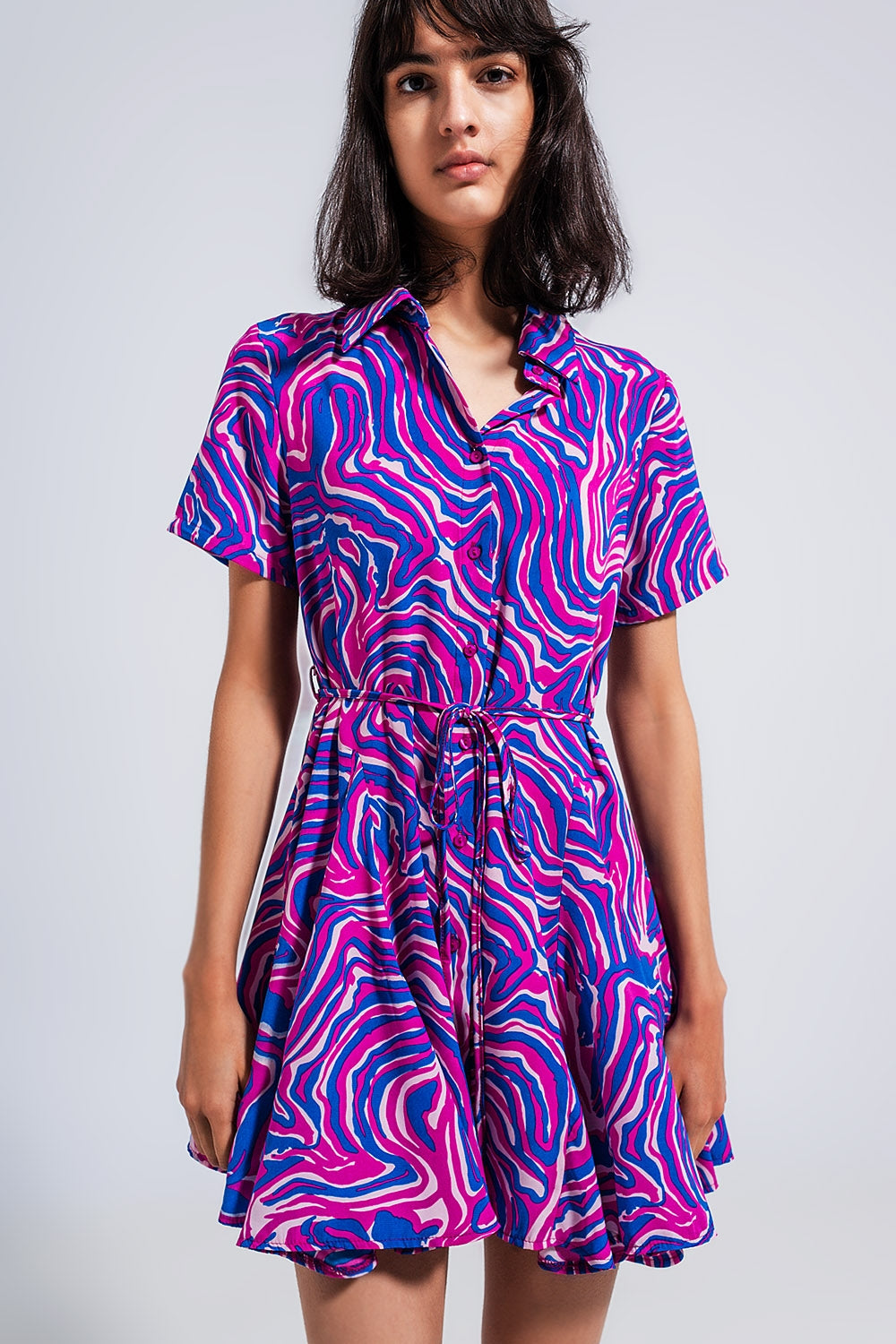 Printed mini dress with tie waist in purple - Dresses