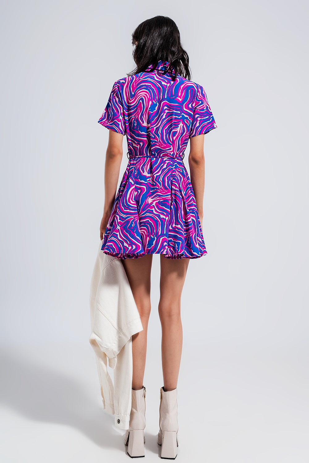 Printed mini dress with tie waist in purple - Dresses