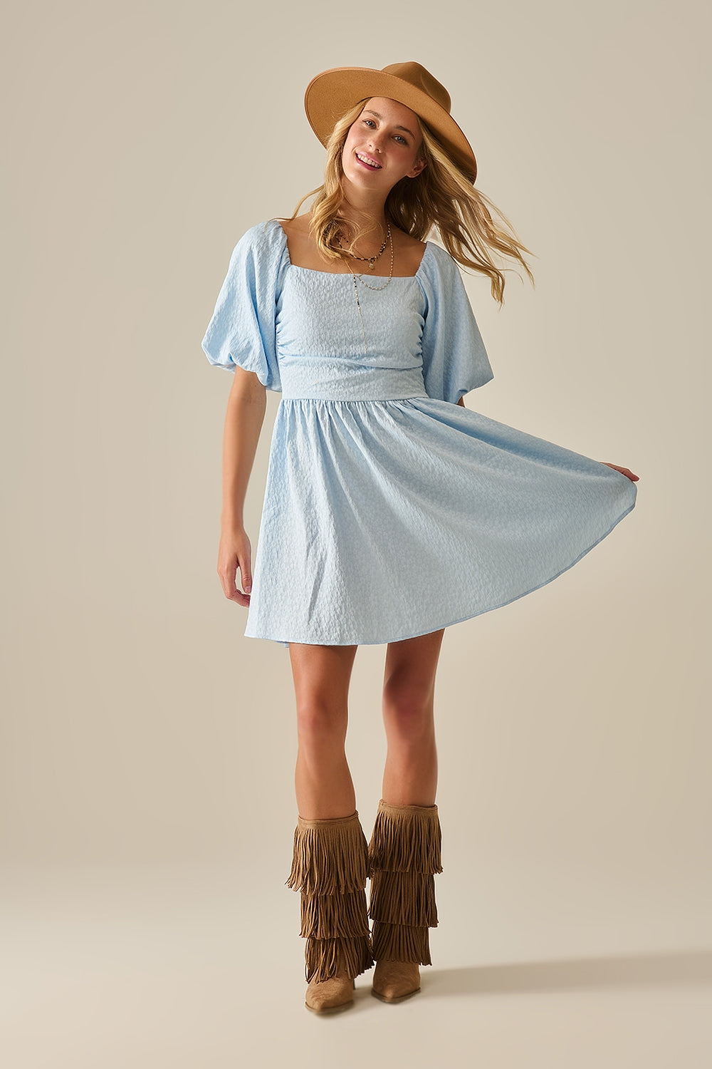 Puff Sleeve Textured Mini Dress in Light Blue - Dresses