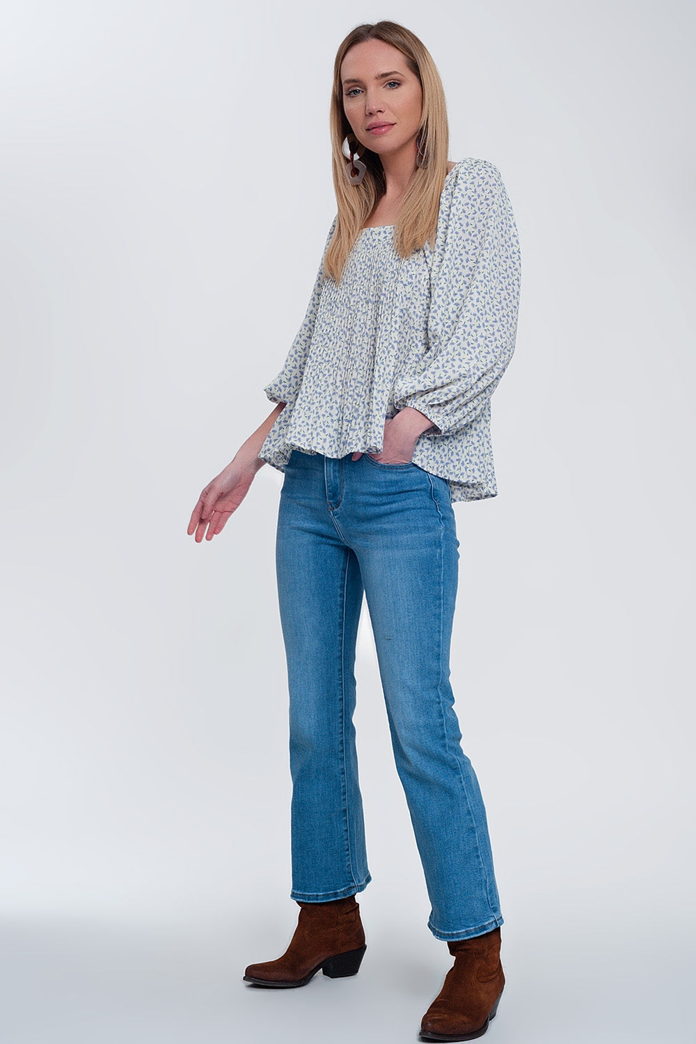puff sleeve top with square neck in blue floral print Q2 Tops BoutiqueLua