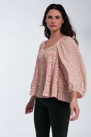 haut à manches bouffantes et col carré à imprimé floral corail