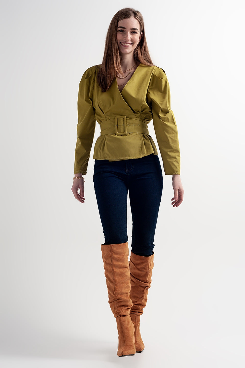 Puff sleeve wrap front top with belt detail in green Q2 Shirts BoutiqueLua