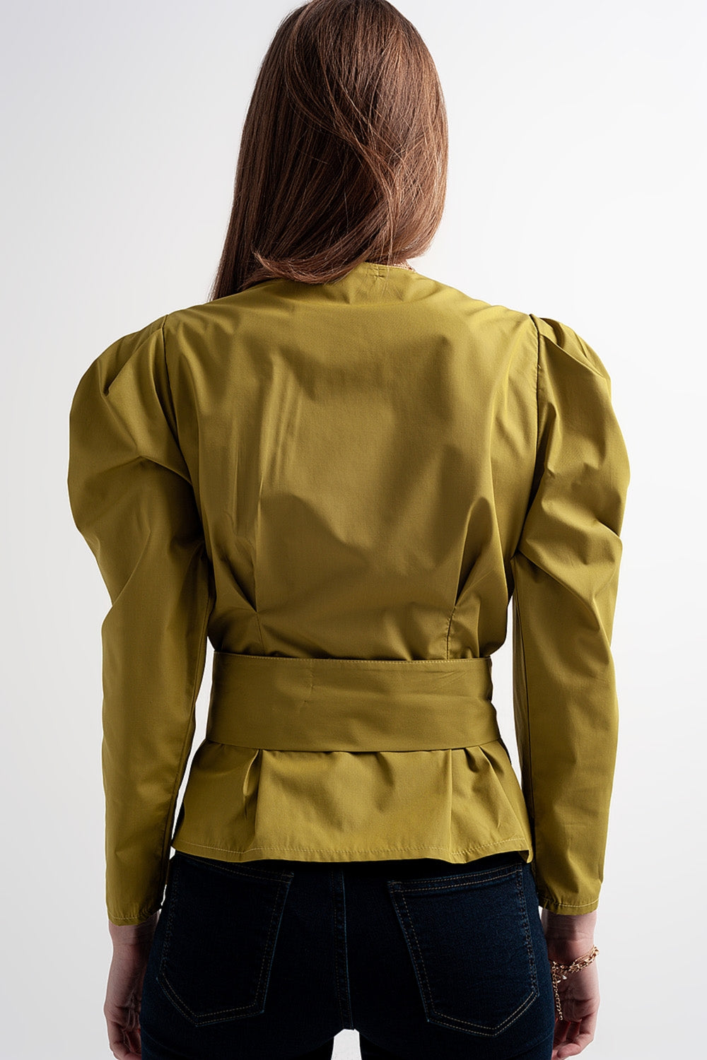 Puff sleeve wrap front top with belt detail in green Q2 Shirts BoutiqueLua