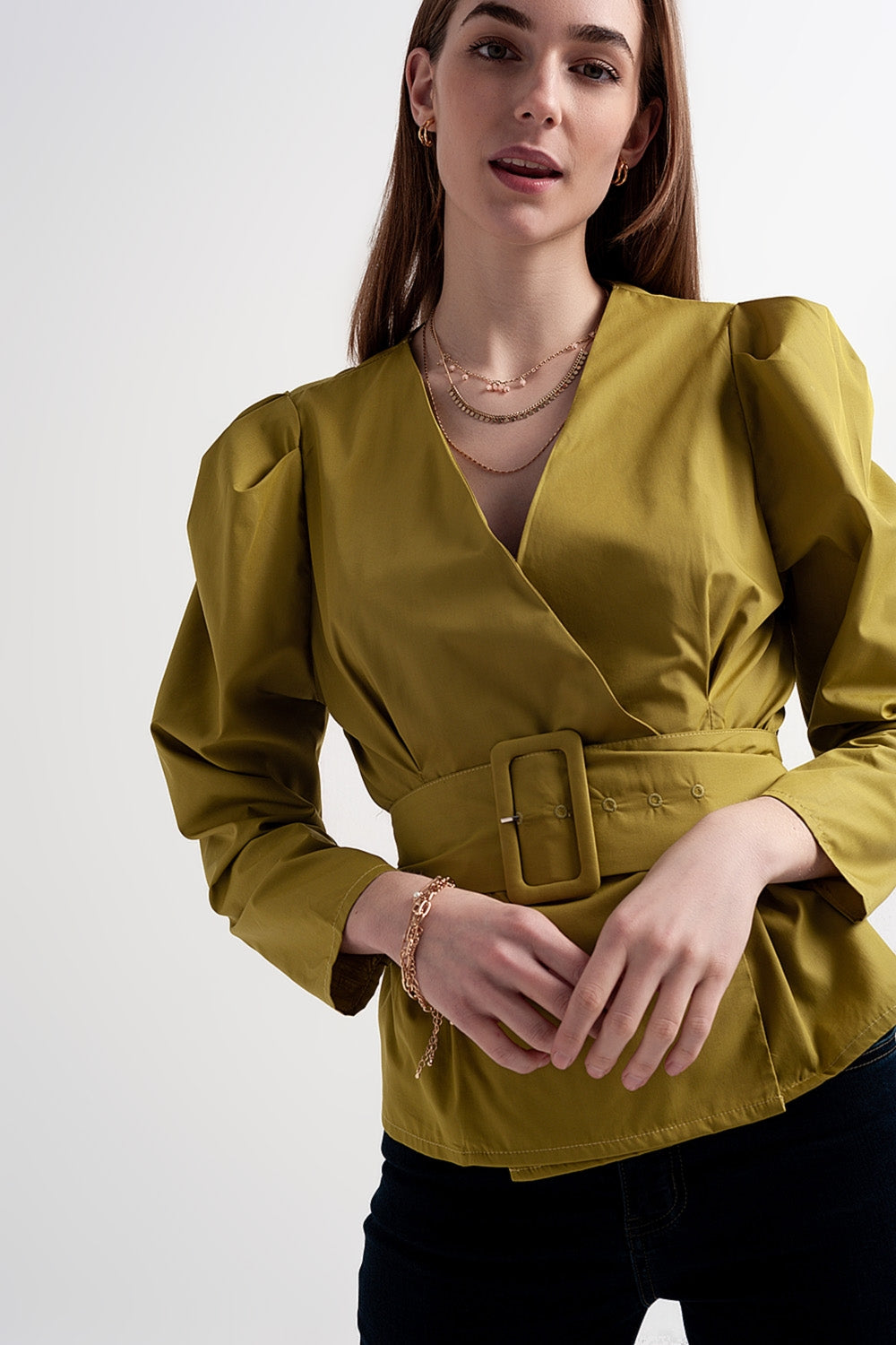 Puff sleeve wrap front top with belt detail in green Q2 Shirts BoutiqueLua