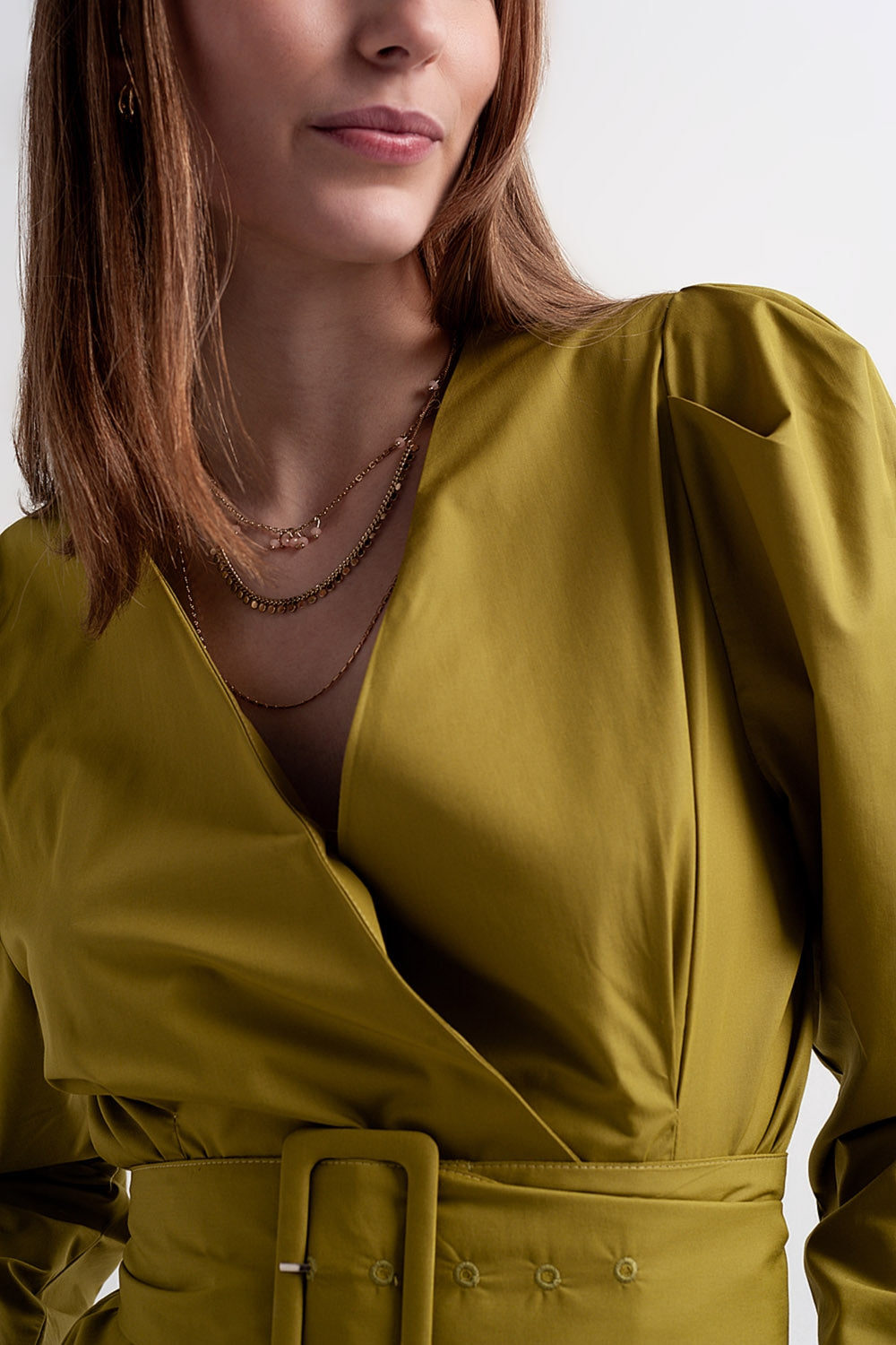 Puff sleeve wrap front top with belt detail in green Q2 Shirts BoutiqueLua