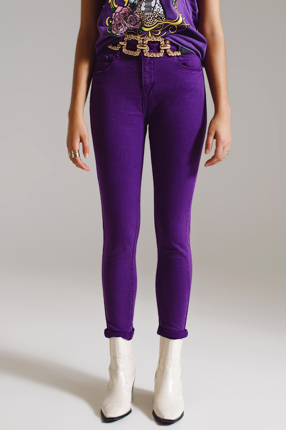 Purple ankle skinny jeans with soft wrinkles - Jeans