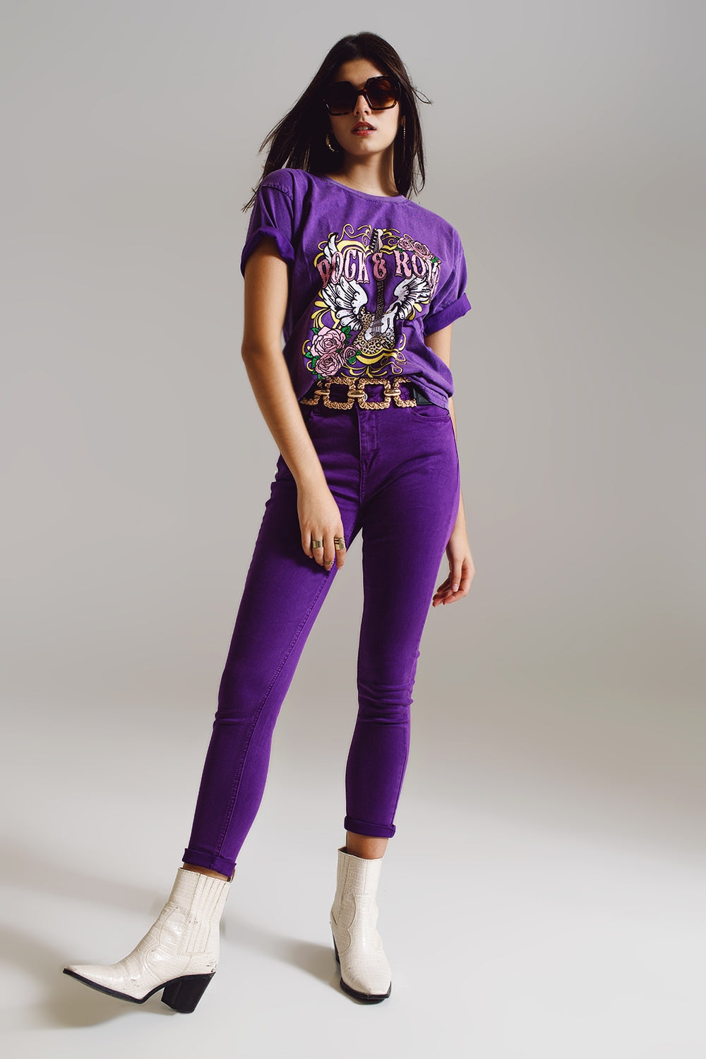 Purple ankle skinny jeans with soft wrinkles - Jeans