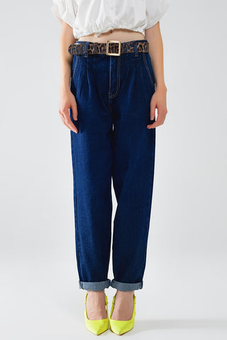 Raw Blue Mom Jeans With Pleated Detail