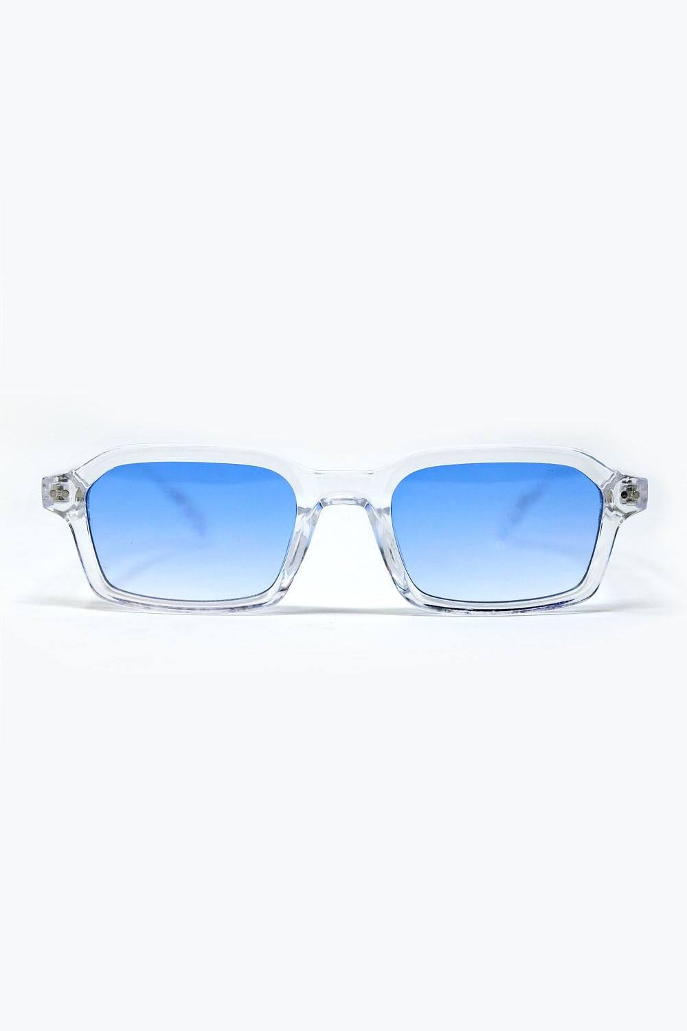 Rectangular Thick Acetate Clear Frame Sunglasses With blue Smoke Lense -