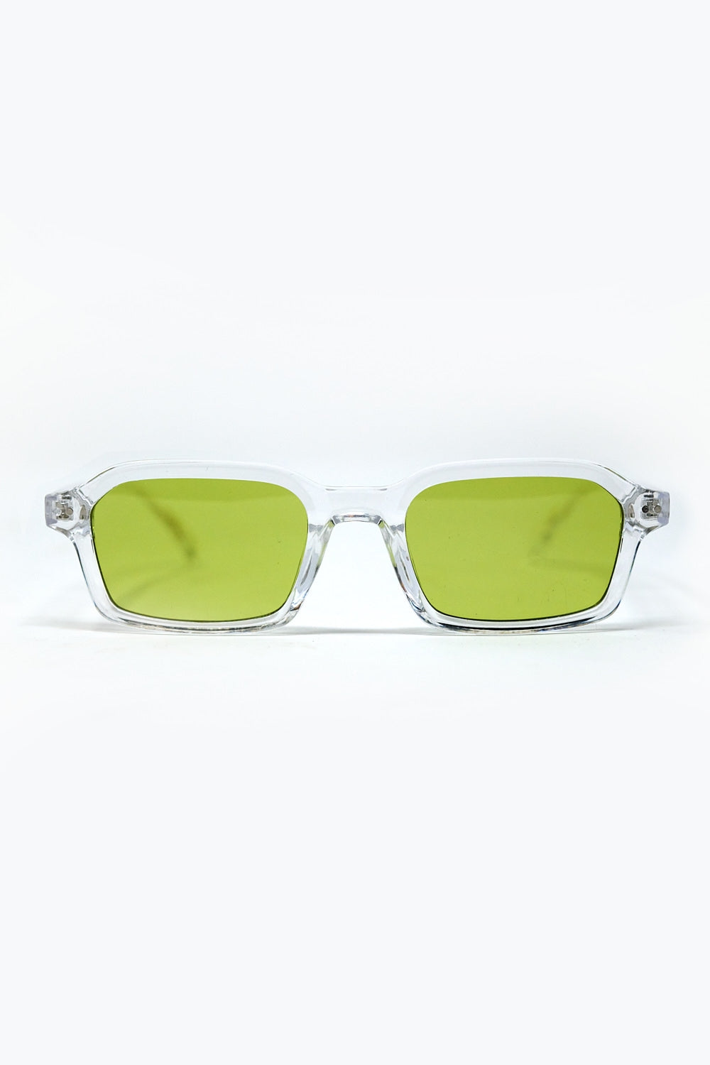 Rectangular Thick Acetate Clear Frame Sunglasses With Green Smoke Lense -
