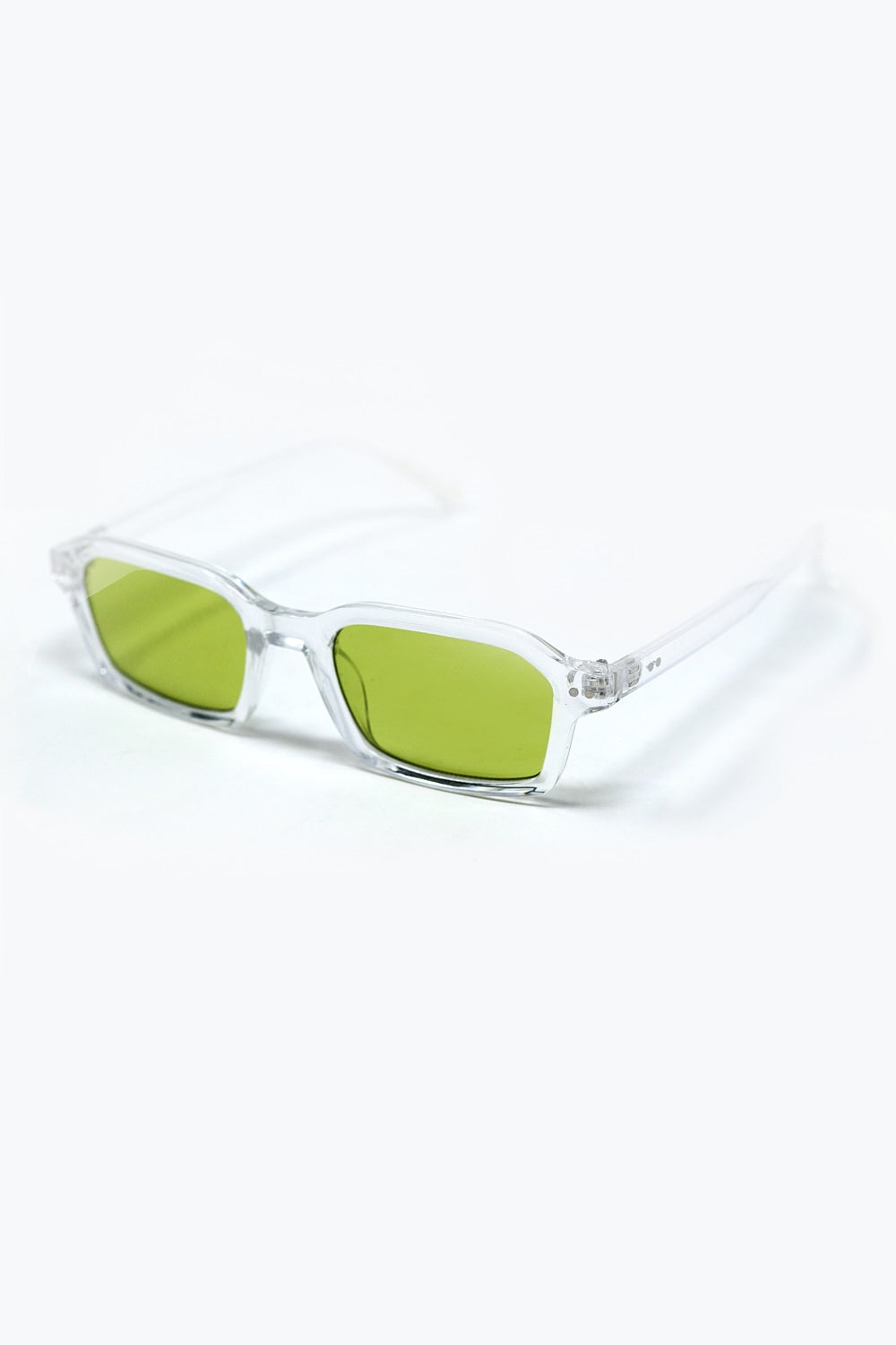 Rectangular Thick Acetate Clear Frame Sunglasses With Green Smoke Lense -