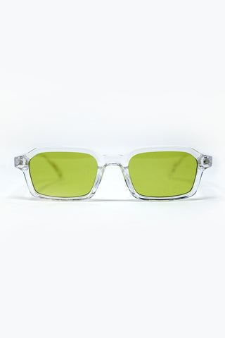 Rectangular Thick Acetate Clear Frame Sunglasses With Green Smoke Lense