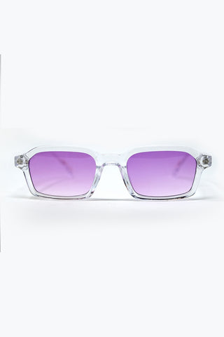 Rectangular Thick Acetate Clear Frame Sunglasses With Purple Smoke Lense