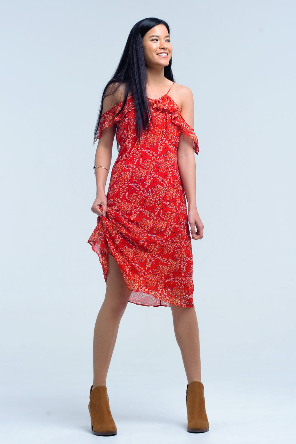 Red dress with printed flowers and ruffles - Dresses