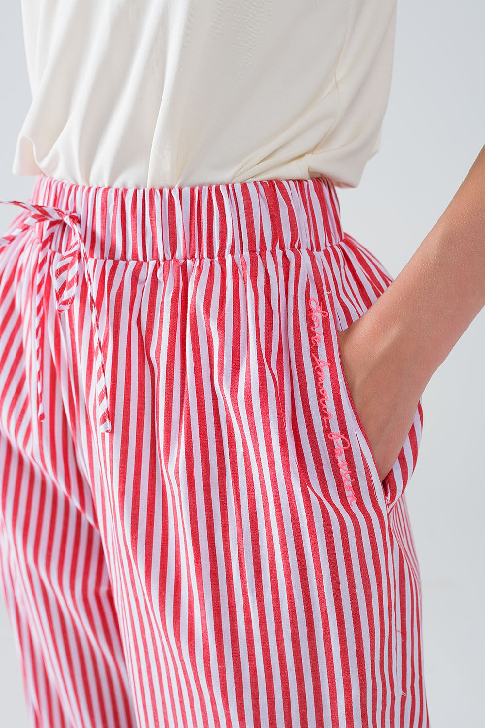 Red Striped Pants with Elastic Waist and Pockets - Trousers