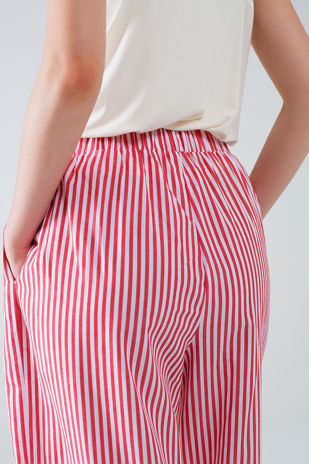 Red Striped Pants with Elastic Waist and Pockets - Trousers