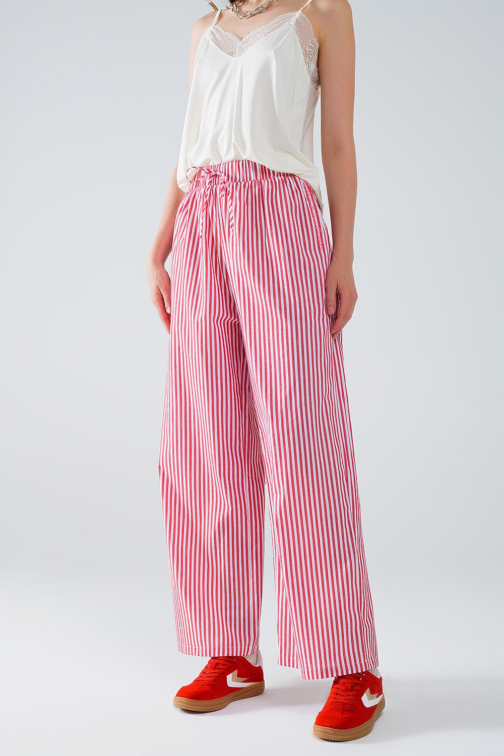 Red Striped Pants with Elastic Waist and Pockets - Trousers