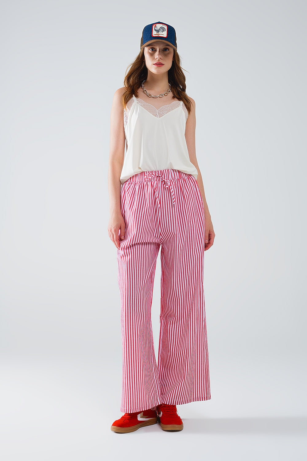 Red Striped Pants with Elastic Waist and Pockets - Trousers