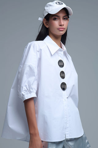 Relaxed 3/4 Sleeve Poplin Shirt With Button Detail in White