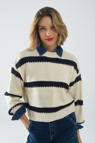 Pull beige décontracté à rayures noires