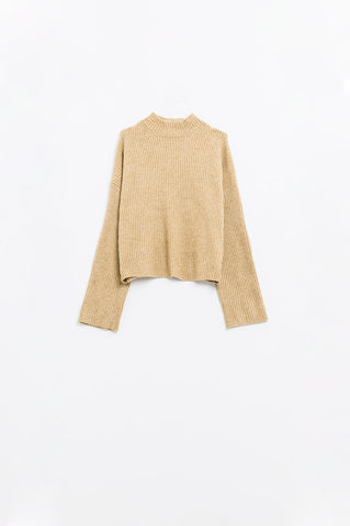 pull col montant côtelé beige décontracté