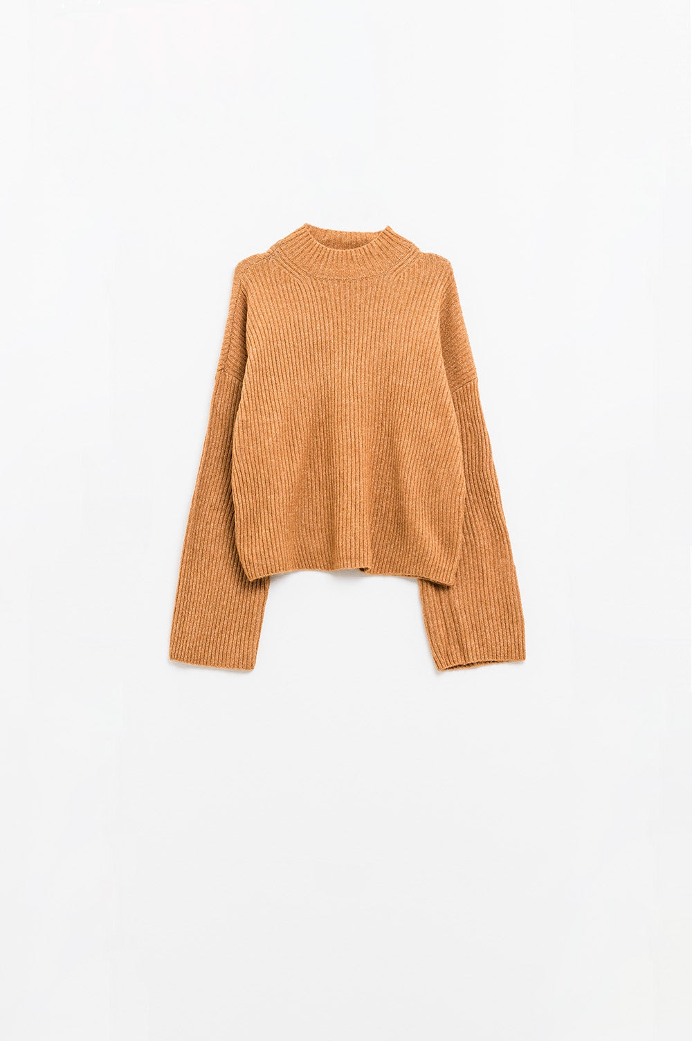 relaxed camel ribbed high neck sweater - Sweaters