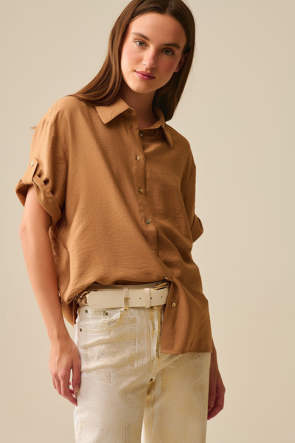 Relaxed Camel Short Sleeve Shirt With Gold Buttons - Shirts