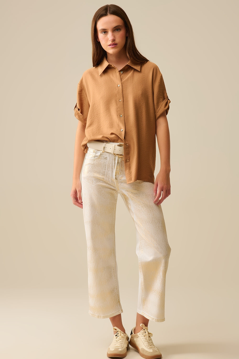 Relaxed Camel Short Sleeve Shirt With Gold Buttons - Shirts