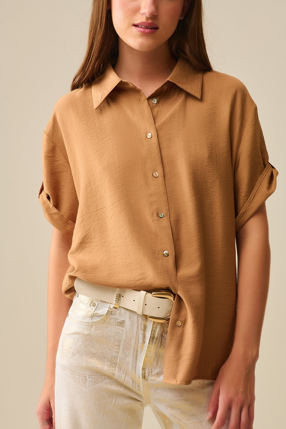 Relaxed Camel Short Sleeve Shirt With Gold Buttons - Shirts