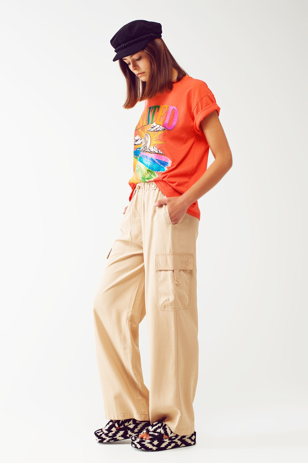 Relaxed Cargo Pants With Drawstring in Beige - Trousers