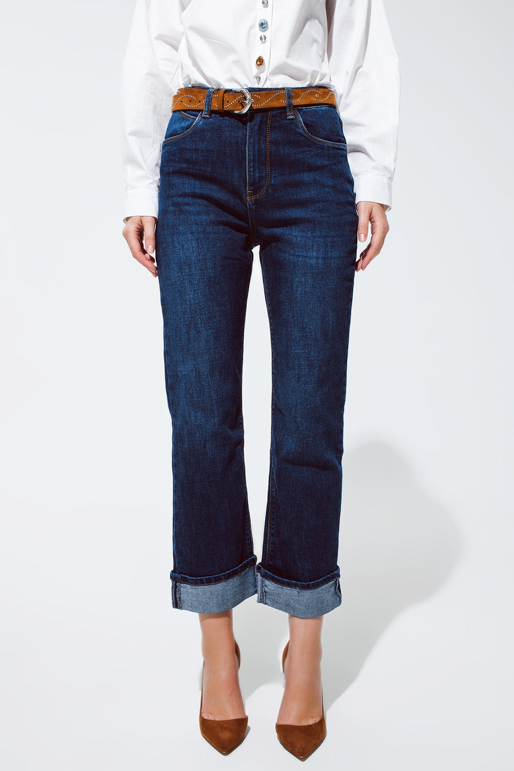 relaxed fit blue jeans with cuffed hem detail - Jeans