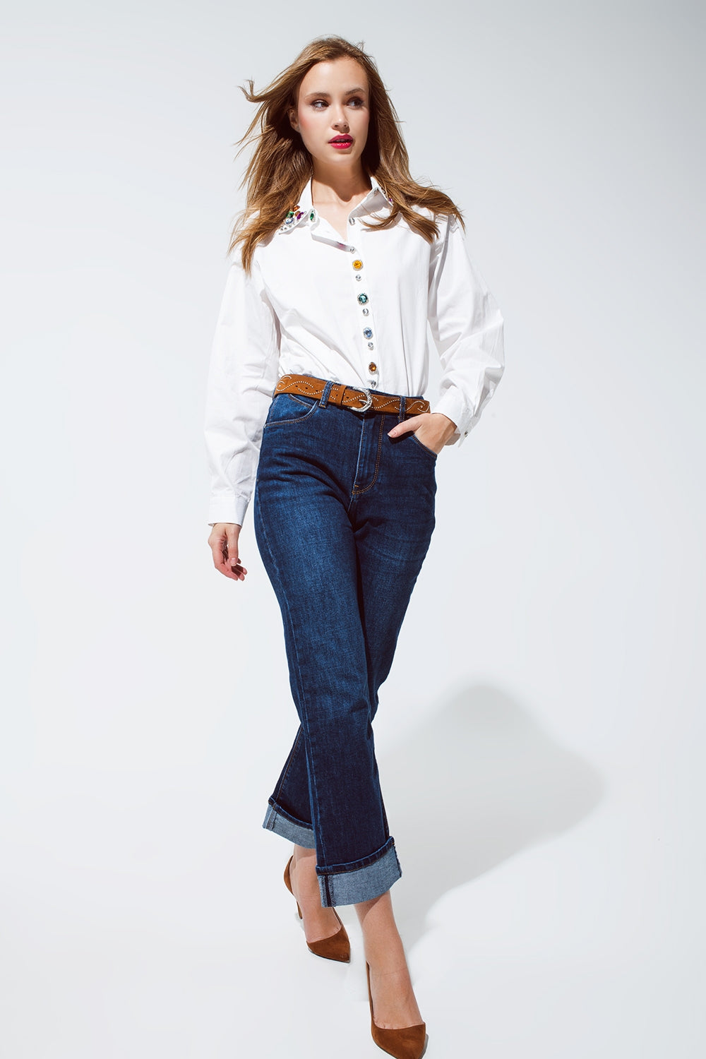 relaxed fit blue jeans with cuffed hem detail - Jeans
