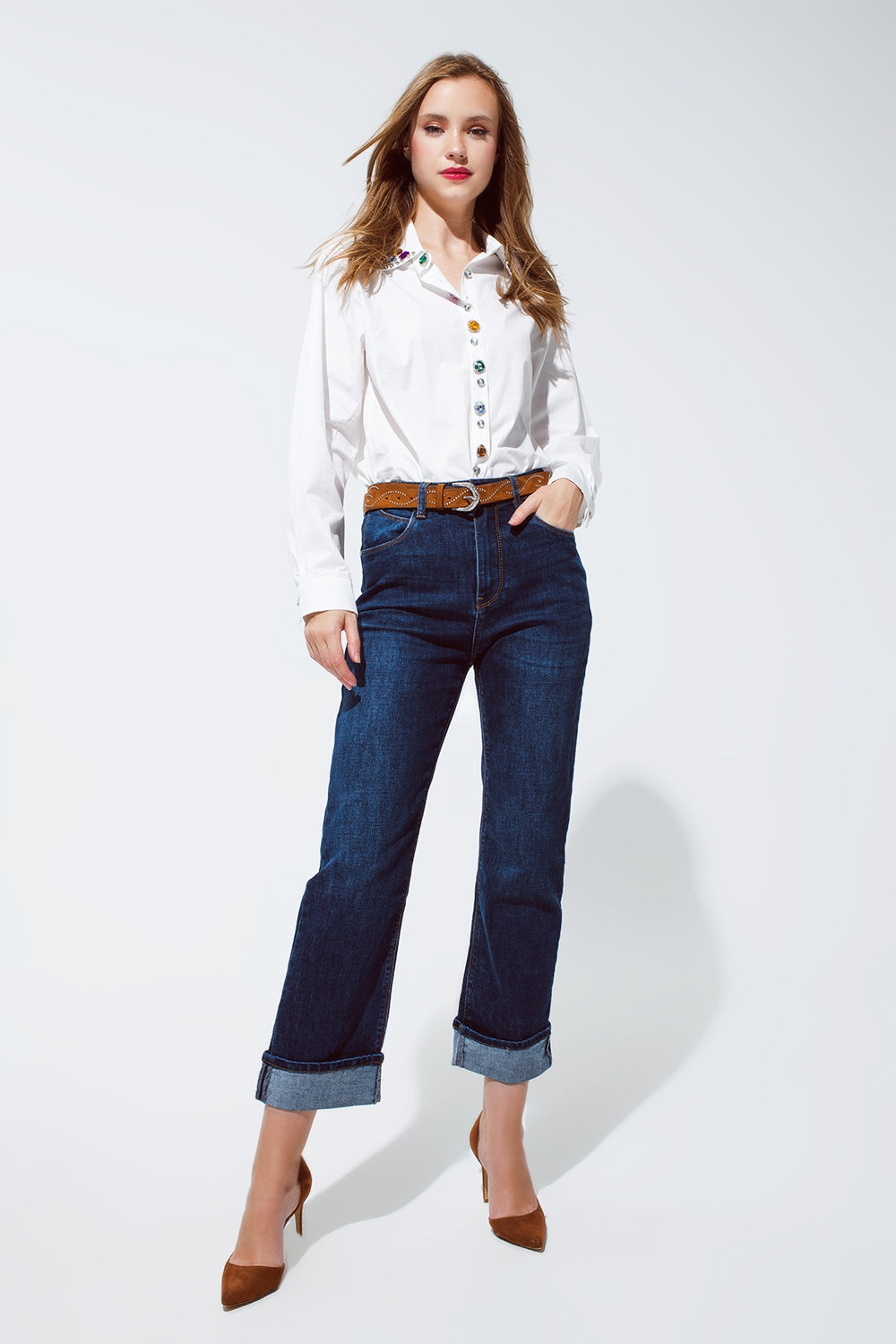relaxed fit blue jeans with cuffed hem detail - Jeans