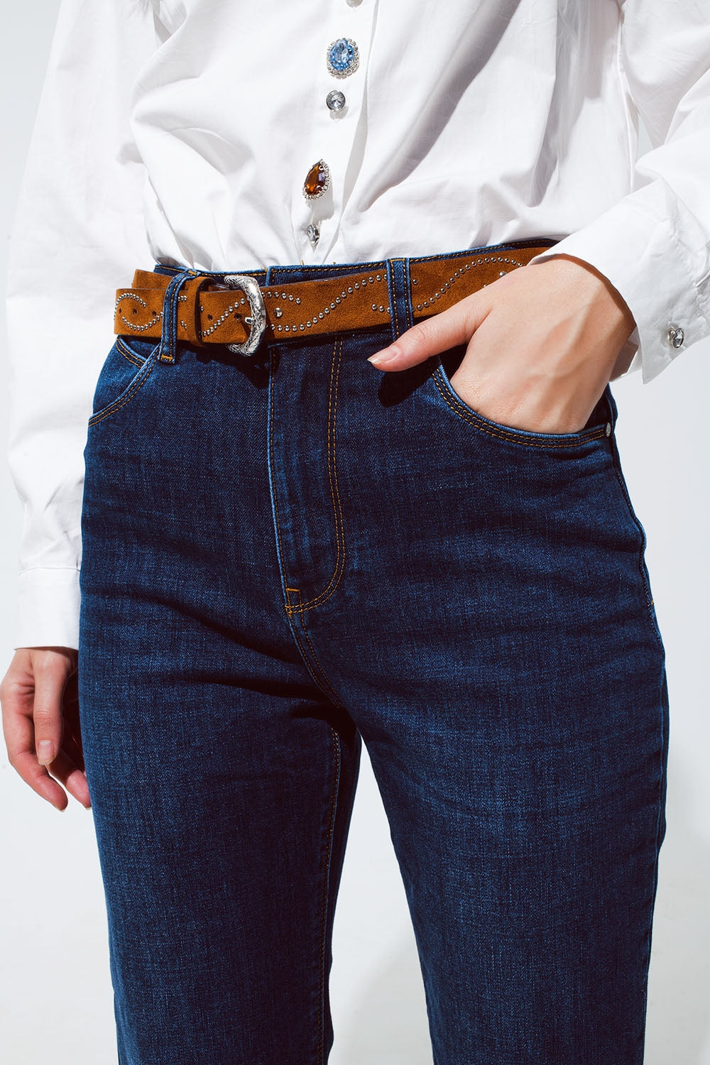 relaxed fit blue jeans with cuffed hem detail - Jeans